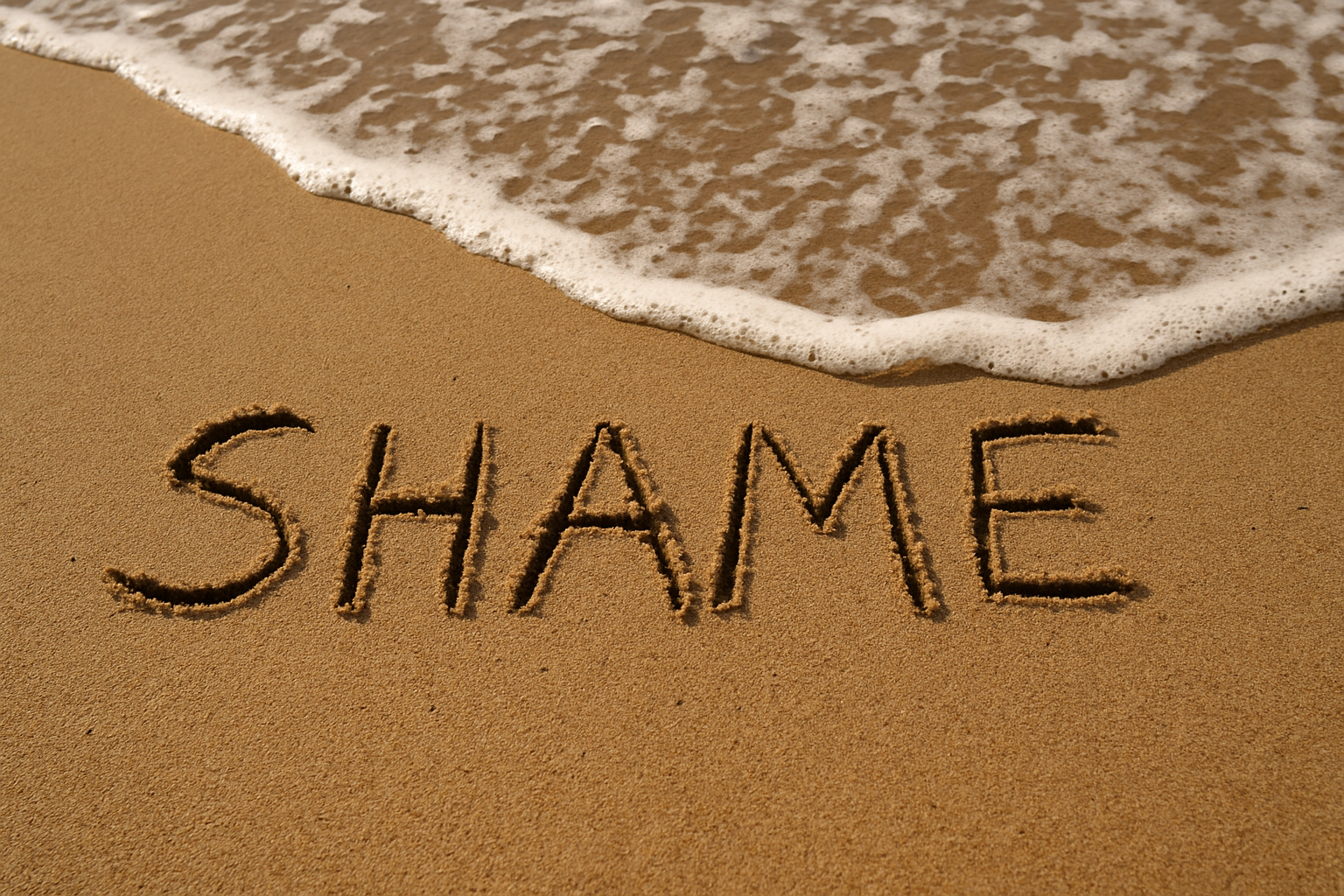 Sand with the word shame written in the center and foamy water