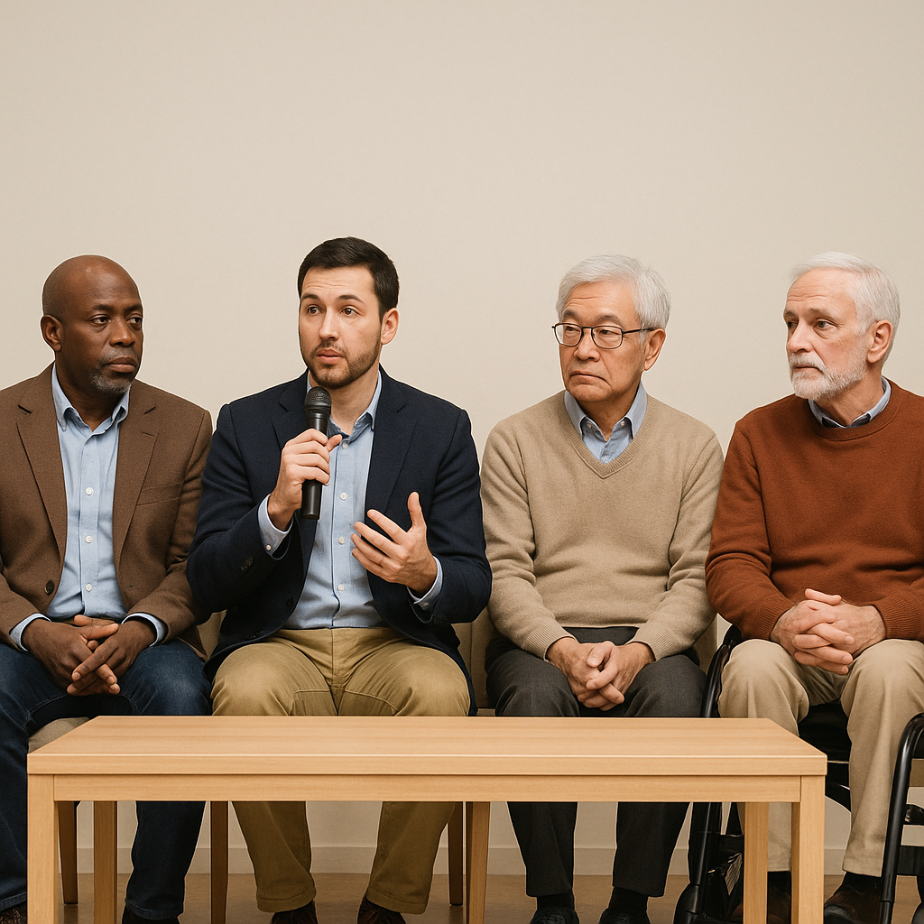 4 men sit side by side behind a wooden table.